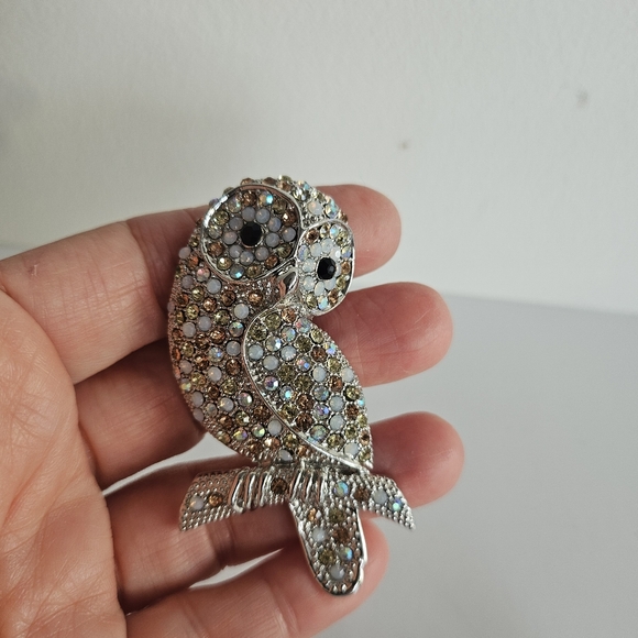 Aurora Borealis Rhinestone Owl Silvertone Brooches AB, Lot Of 2 Unmarked - Picture 2 of 7